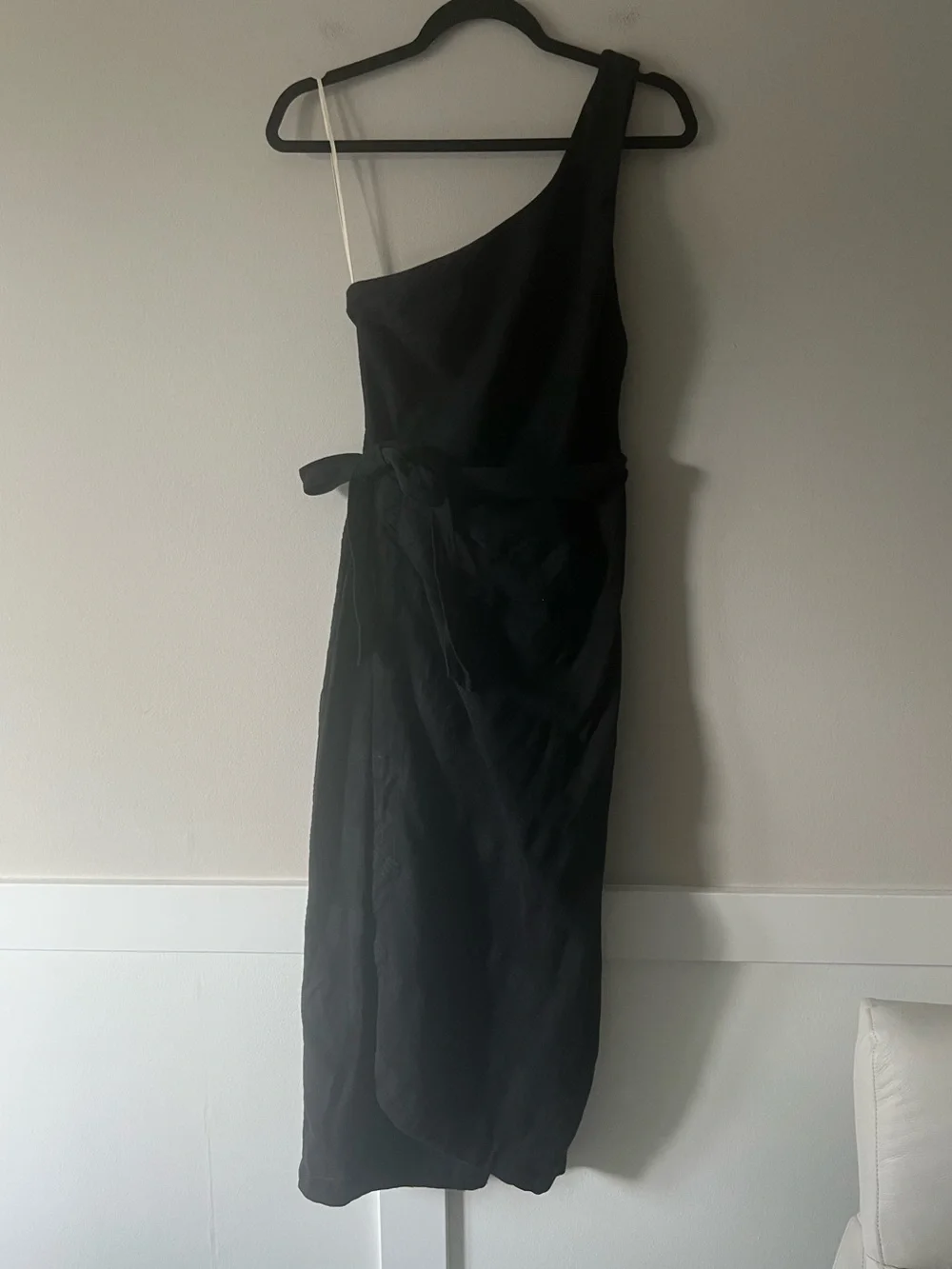 Free People At Leisure One Shoulder Black Midi Dress Side Tie Wrap Size Small